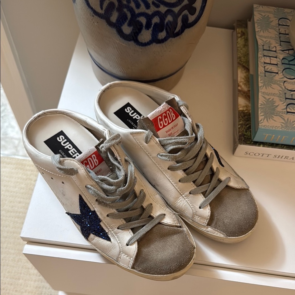 Golden Goose White and Blue Star Sneakers
